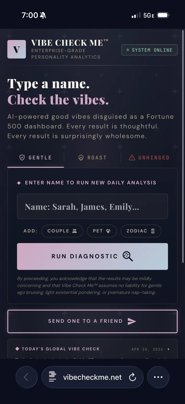 VibeCheckMe home screen in Gentle mode with soft purple pastels