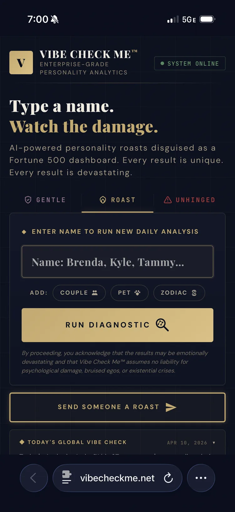 VibeCheckMe home screen in Roast mode with navy and gold corporate styling